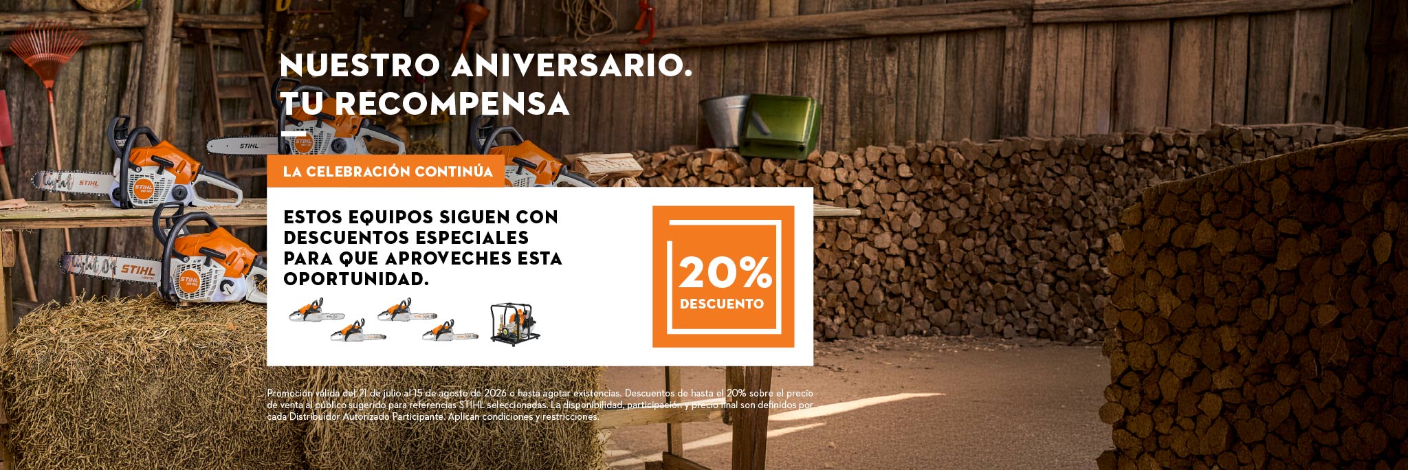 señor cortando un tronco con una motosierra y un letrero mencionando el descuento del 20% en equipos seleccionados