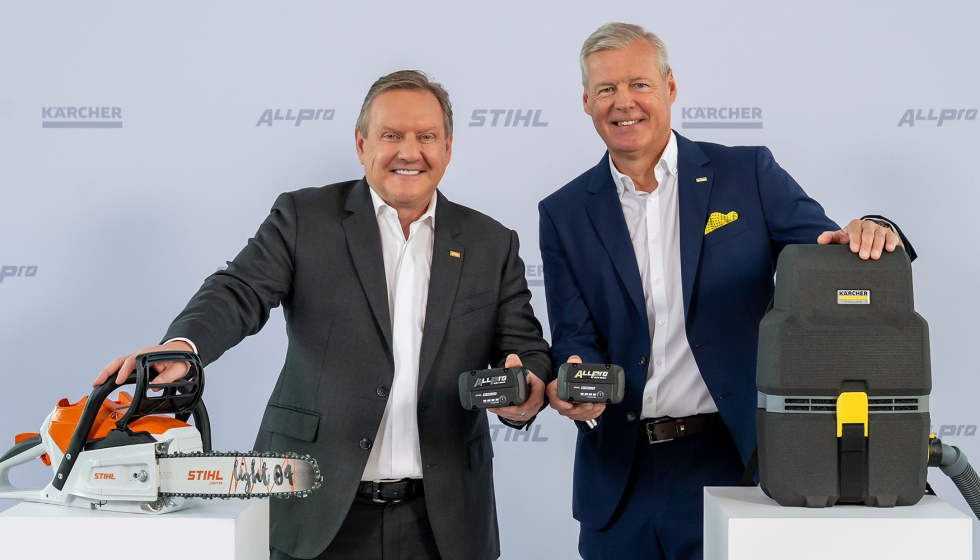 Michael Traub, Chairman de STIHL, y Hartmut Jenner, CEO de Kärcher, presentan la alianza de baterías ALLPRO