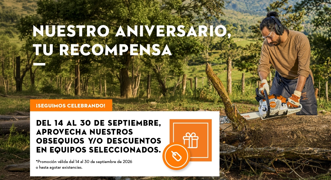 señor cortando un tronco con una motosierra y un letrero mencionando el descuento del 20% en equipos seleccionados