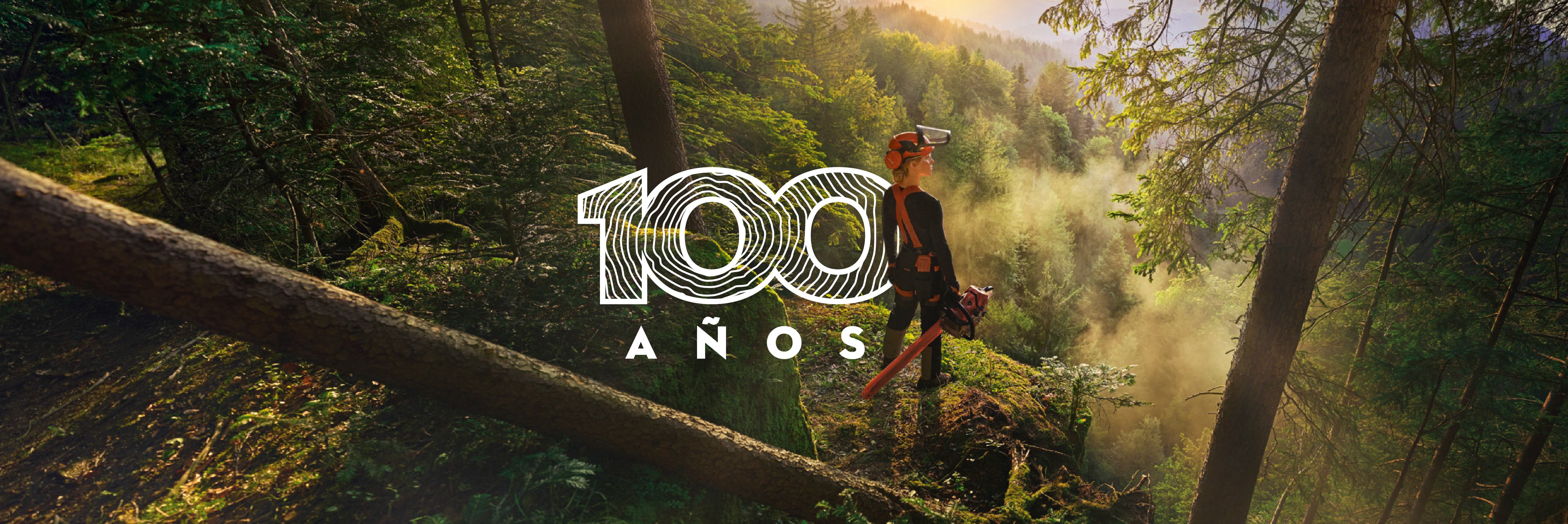 Una mujer está de pie al borde de un acantilado en un bosque verde y frondoso. Lleva ropa de trabajo naranja de STIHL, los auriculares ADVANCE ProCom y sostiene una motosierra STIHL MS.