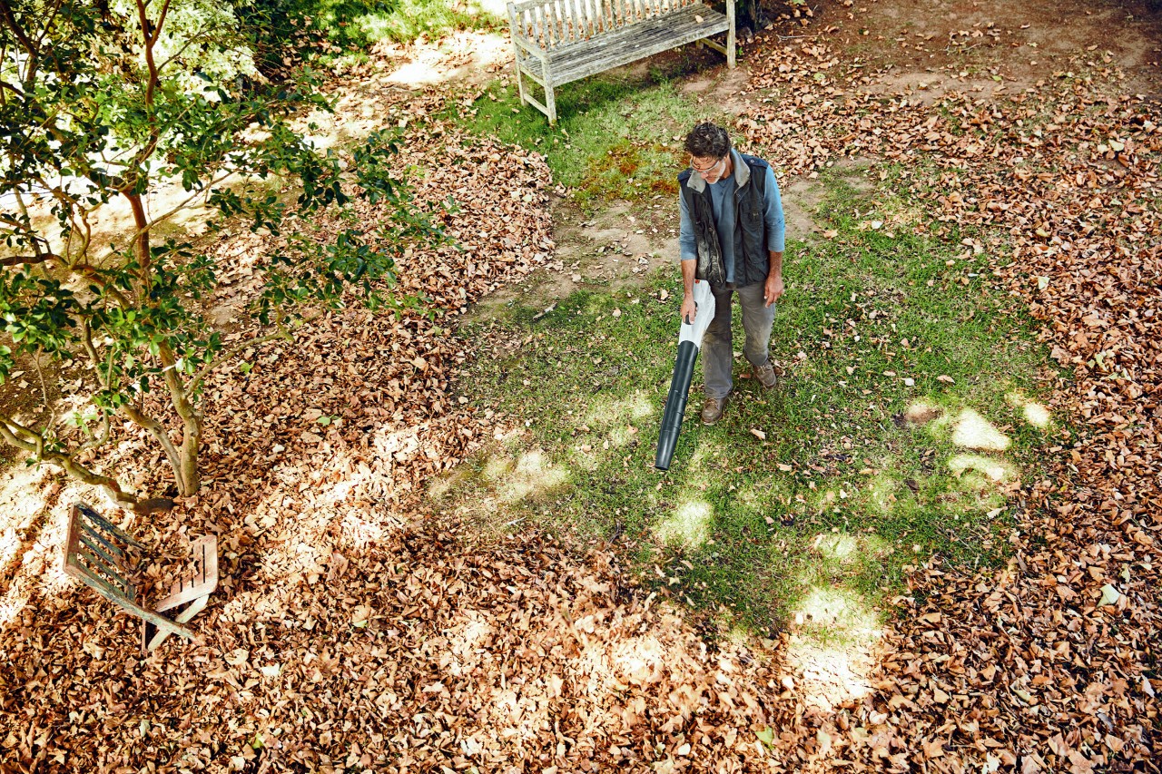 Foto cenital de un hombre utilizando un soplador de hojas STIHL BGA 56 con batería en un gran jardín cubierto de hojas.